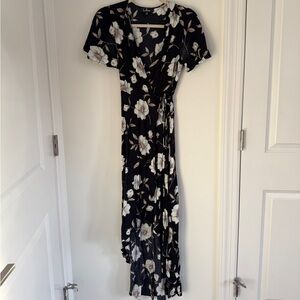 Lulus Lake Como Navy Blue Floral Print High-Low Wrap Dress XS